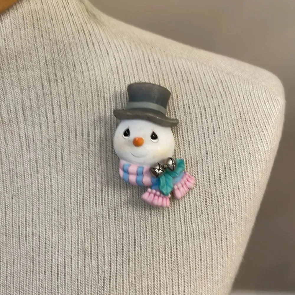 Vintage Precious Moments Snowman Figurine with Pink and Blue Scarf Holiday Pin